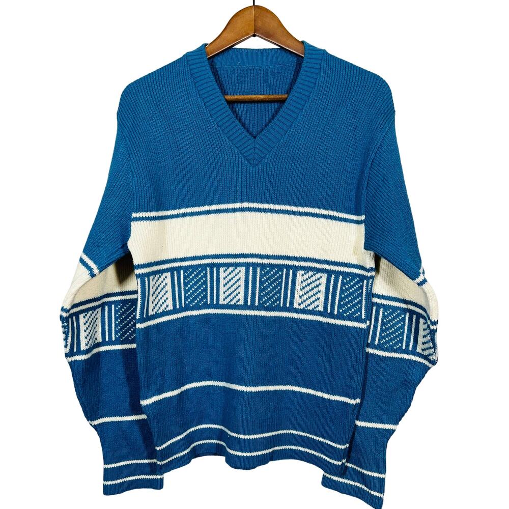 Vintage 90s Deep V Sweater Ribbed Knit Blue Cream Stripe Cozy Eclectic Chunky L